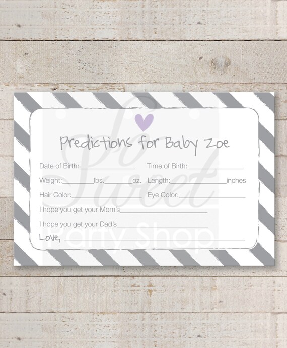 Girl Baby Shower Prediction Cards - Girl Baby Shower Decorations Baby Shower Games - Heart and Stripe Purple - Printed Cards 4x6 - Set of 12 Il_570xn