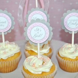 Girls Baby Shower Cupcake Toppers Pink and Gray Girl Baby Shower Decorations Baby Shower Decorations Set of 12 image 1