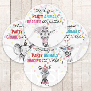 Party Animals Birthday Party Favor Stickers, Zoo Party Favor Labels, Wild Animals Party Favor Stickers, Treat Goodie Bag Tags - Set of 24