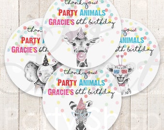May include: Four round thank you stickers with colorful confetti and animal illustrations. The text on the stickers reads "thank you! Party Animals Gracie's 6th birthday".