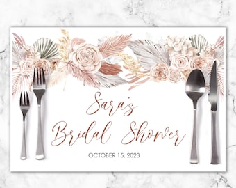 Bridal Shower Paper Placemats Boho Floral Pampas Grass Neutral Decorations Tableware Disposable Personalized- Printed & Shipped Set of 6