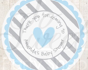 Boy Baby Shower Stickers - Blue and Gray Heart - Baby Shower - Heart and Stripe - Set of 24