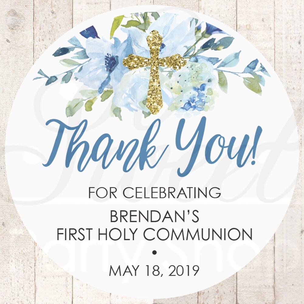 First Holy Communion Favor Stickers, Boys 1st Holy Communion Thank You Favor Stickers, Baby Christening Baptism Goodie Bag Tag - Set of 24