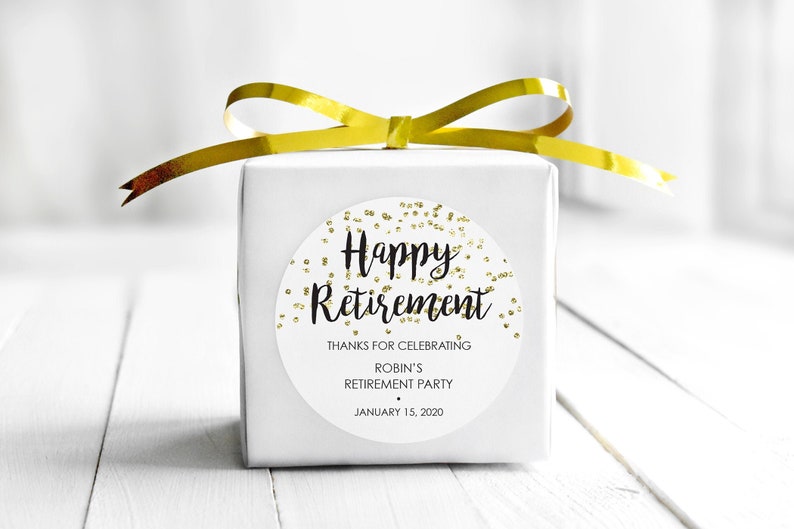 Retirement Favor Stickers, Retirement Party Gold Confetti Happy Retirement Stickers Favor Tag Labels, Goodie Bag Stickers Treats Set of 24 image 1