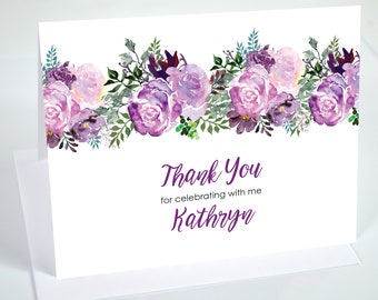 Bridal Shower Thank You Cards Purple Floral Thank You Notes, Wedding Thank You Cards - Printed and Shipped - Set of 10