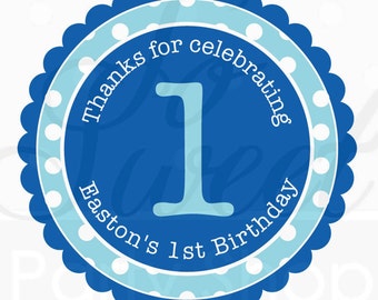 Birthday Favor Sticker Labels - Dark Blue and Light Blue Polkadot - Personalized Birthday Favor Stickers - Set of 24