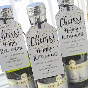 Retirement Party Favor Tags, Cheers Happy Retirement Mini Wine Bottle Tags, Mini Champagne Tags, Retired Personalized Favors - Set of 12