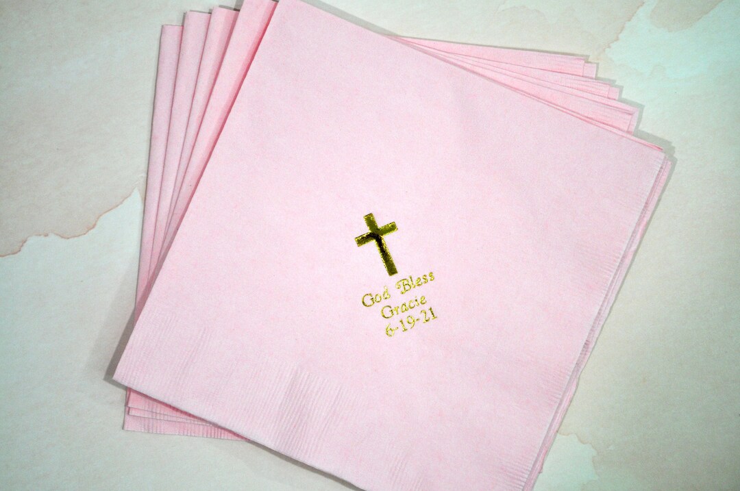 Girls Baptism Napkins Gold Foil Printed, God Bless Personalized Napkins