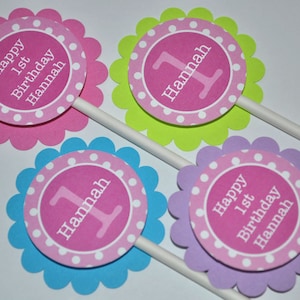 Cupcake Toppers 1st Birthday, Girls Birthday Decorations, Cupcake Picks, Pink, Lime Green, Blue, Purple and White Polkadots Set of 12 image 1