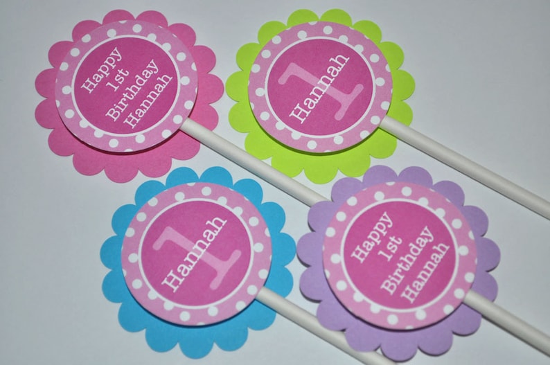 Cupcake Toppers 1st Birthday, Girls Birthday Decorations, Cupcake Picks, Pink, Lime Green, Blue, Purple and White Polkadots Set of 12 image 1