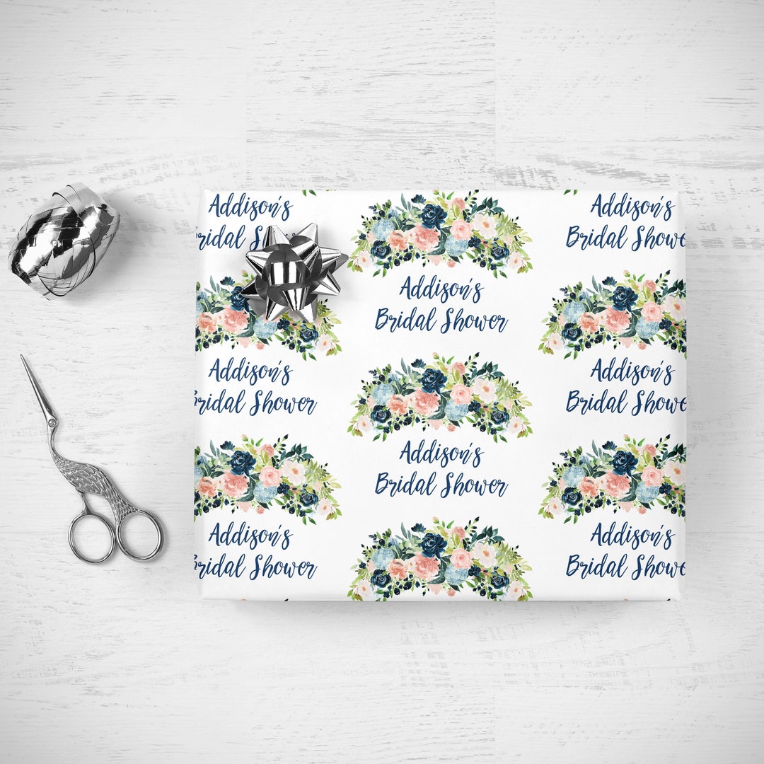 Bridal Shower Wrapping Paper Navy Blue Pink Floral, Personalized Bridal