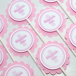 Baptism Cupcake Toppers Girls Pink Cross, First Holy Communion Party Decorations, Religious Party Decorations - Set of 12