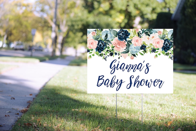 Baby Shower Yard Sign Navy Blue Pink Floral Baby Shower Lawn Etsy