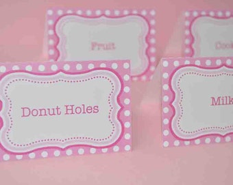 Food Label Tent Cards, Place Cards, Girls Birthday Party or Baby Shower, Pink and White Polkadot, Personalized and Printed - Set of 12