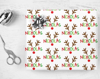 Personalized Christmas Gift Wrap, Reindeer Boy Personalized Name Wrapping Paper, Gift Wrap Sheets, Holiday Wrapping Paper, Unique Christmas