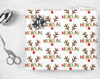 Personalized Christmas Gift Wrap, Reindeer Boy Personalized Name Wrapping Paper, Gift Wrap Sheets, Holiday Wrapping Paper, Unique Christmas