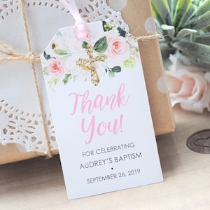 Baptism Favor Tags Girl, Thank You Tags First Holy Communion Favor Tags, Baby Christening, Blush Floral Gold Cross Personalized - Set of 12