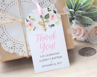 Baptism Favor Tags Girl, Thank You Tags First Holy Communion Favor Tags, Baby Christening, Blush Floral Gold Cross Personalized - Set of 12