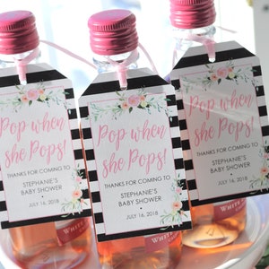Baby Shower Favor Tags for Mini Wine Bottles, Baby Shower Favors Mini Champagne Tags, Personalized Tags Pop When She Pops - Set of 12