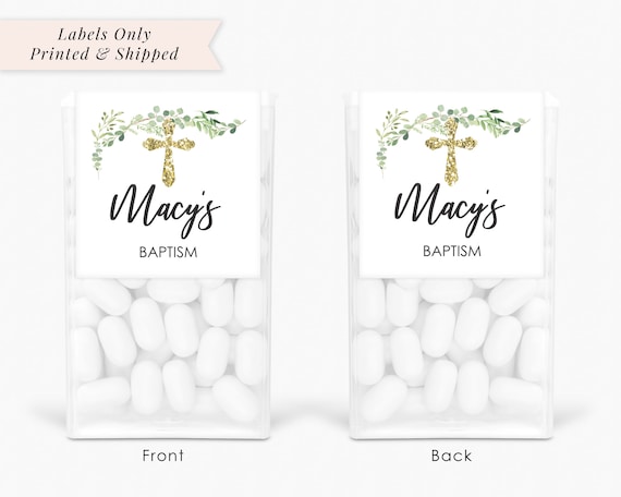 Baptism Party Favors, Tic Tac Labels Mint Favors, Greenery Leaves Gold Cross, Personalized Party Favors - Set of 24 Labels
