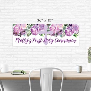 First Holy Communion Banner Girl, 1st Communion Party Decorations, Purple Floral Communion Banner Printed & Shipped image 2