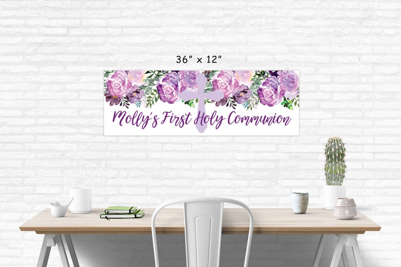 First Holy Communion Banner Girl, 1st Communion Party Decorations, Purple Floral Communion Banner Printed & Shipped image 2