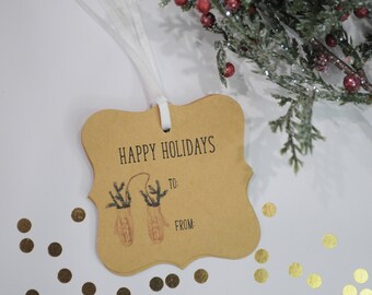 Christmas Gift Tags Mittens Kraft Happy Holidays, Merry Christmas Hang Tags, Gift Wrapping - Set of 12 Tags