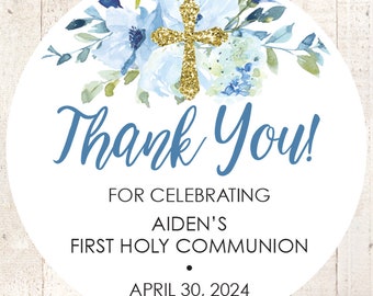 First Holy Communion Favor Stickers Boys 1st Holy Communion Thank You Favor Personalized Sticker Baby Christening Baptism - Set of 24