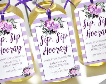 Bridal Shower Favor Tags for Mini Wine Bottles, Wedding Favors, Mini Champagne Tags, Personalized Wedding, Purple Floral - Set of 12 Tags