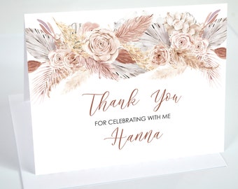 Bridal Shower Thank You Cards Boho Floral Pampas Grass Neutral Thank You Notes, Wedding Thank You Cards - Printed and Shipped - Set of 10