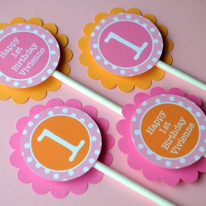 Cupcake Toppers Girls 1st Birthday, Personalized Party Decorations, Cupcake Picks, Orange, Pink and White Polkadots Set of 12 image 1