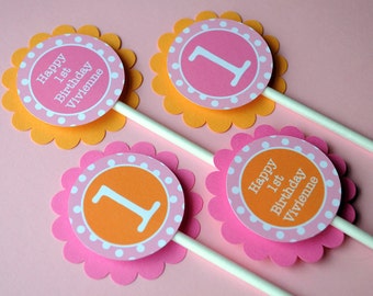 Cupcake Toppers Girls 1st Birthday, Personalized Party Decorations, Cupcake Picks, Orange, Pink and White Polkadots - Set of 12