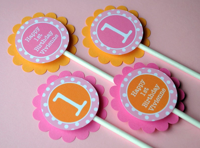 Cupcake Toppers Girls 1st Birthday, Personalized Party Decorations, Cupcake Picks, Orange, Pink and White Polkadots Set of 12 image 1