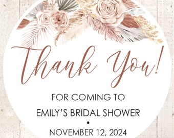 Bridal Shower Favor Stickers Boho Floral Pampas Grass Thank You Personalized Stickers