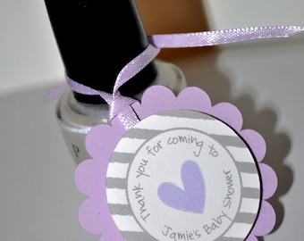 Girls Baby Shower Favor Tags, Thank You Tags, Baby Shower Favors, Nail Polish Favor Tags, Heart and Stripe Purple and Gray - Set of 12
