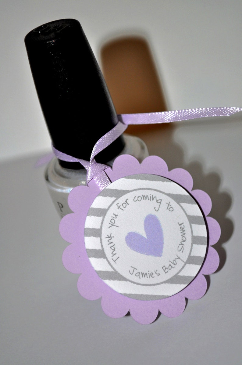 Girls Baby Shower Favor Tags, Thank You Tags, Baby Shower Favors, Nail Polish Favor Tags, Heart and Stripe Purple and Gray Set of 12 image 1