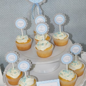 Boys Baby Shower Cupcake Toppers Blue and Gray Boy Baby Shower Decorations Baby Shower Decorations Set of 12 image 2