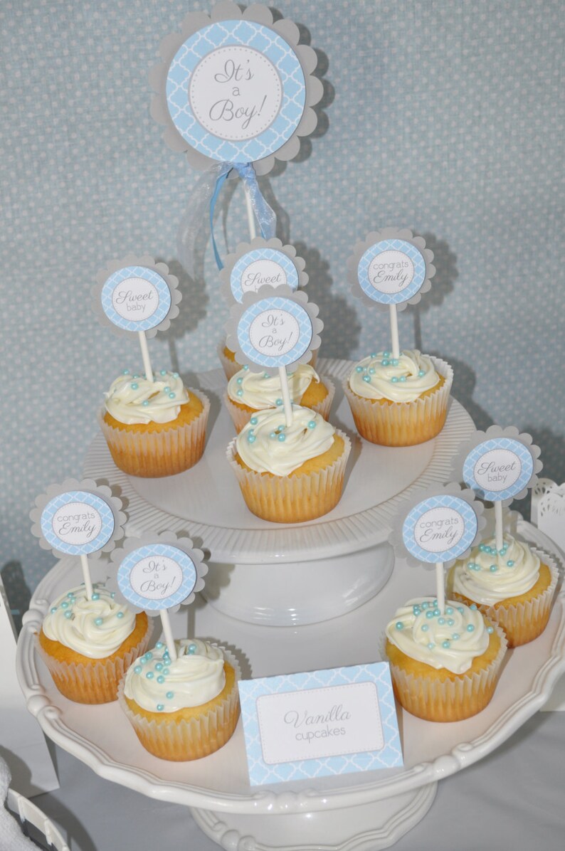 Boys Baby Shower Cupcake Toppers Blue and Gray Boy Baby Shower Decorations Baby Shower Decorations Set of 12 image 2