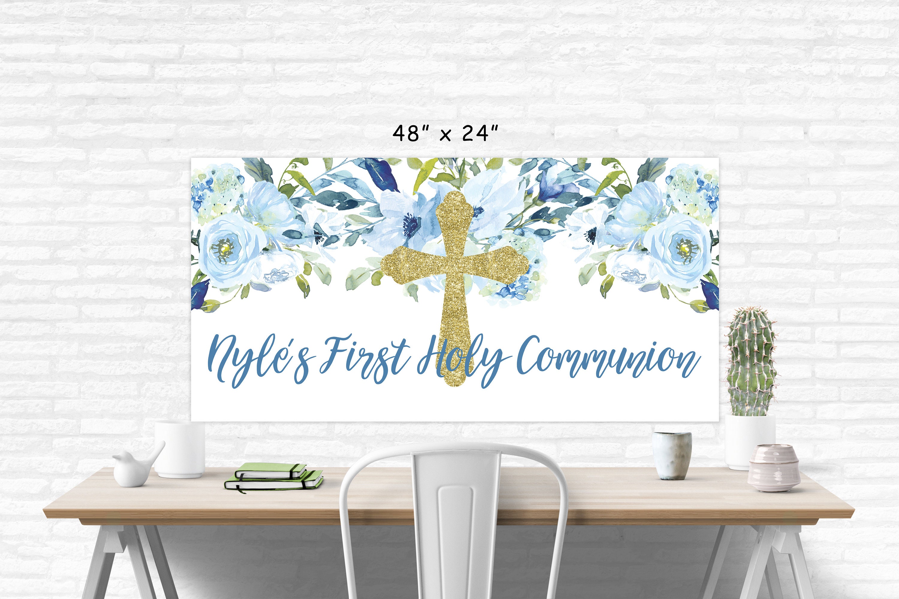 Big Dot Of Happiness First Communion Banner - Blue Cross God Bless Bunting For Boy's Party Decor - View #12