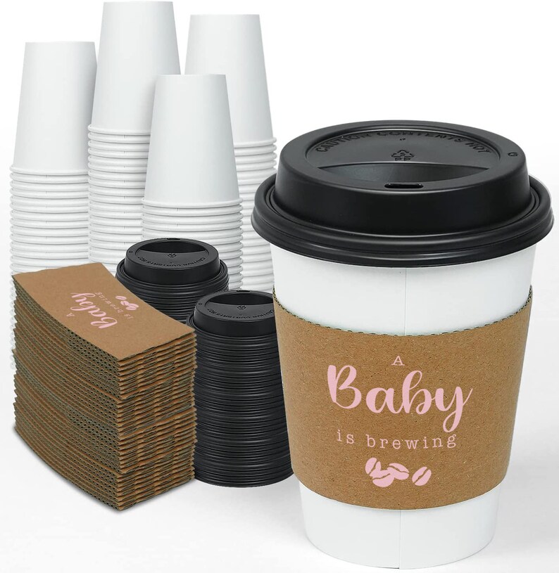 Baby Shower Coffee Cups A Baby Is Brewing, Hot Cocoa Cup Sets, Gender Reveal Coffee Cups With Sleeves and Lids Pink