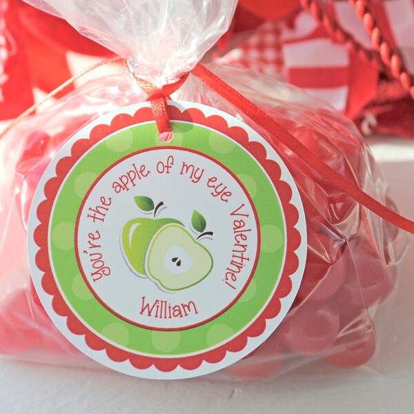 Apple of My Eye Valentines Day Treat Tags, Kids Valentines Day Cards, Classroom Valentines School Party - Set of 12 Tags