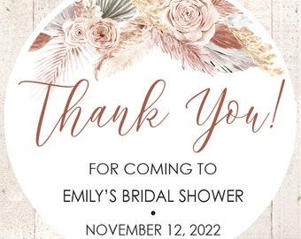 Boho Floral Pampas Grass Bridal Shower Favor Stickers, Fall Wedding Favor Stickers, Thank You Stickers - Set of 24 Stickers