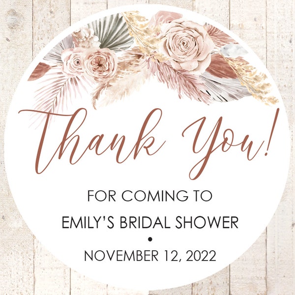 Boho Floral Pampas Grass Bridal Shower Favor Stickers, Fall Wedding Favor Stickers, Thank You Stickers - Set of 24 Stickers