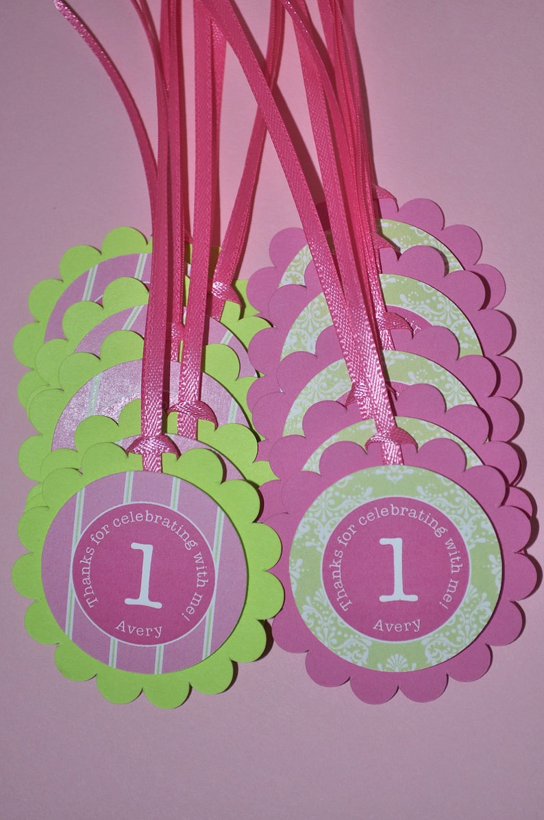 Girls 1st Birthday Decorations Girls Birthday Favor Tags Set of 12 Birthday Thank You Tags Pink and Green Party Favors