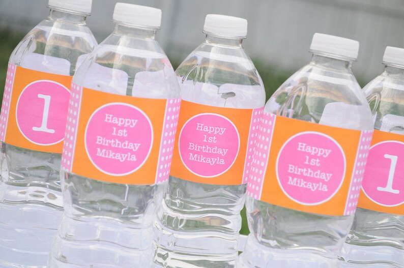Water Bottle Labels Personalized Drink Labels 1st Birthday Party Decorations Orange, Pink and White Polkadots Set of 10 image 2