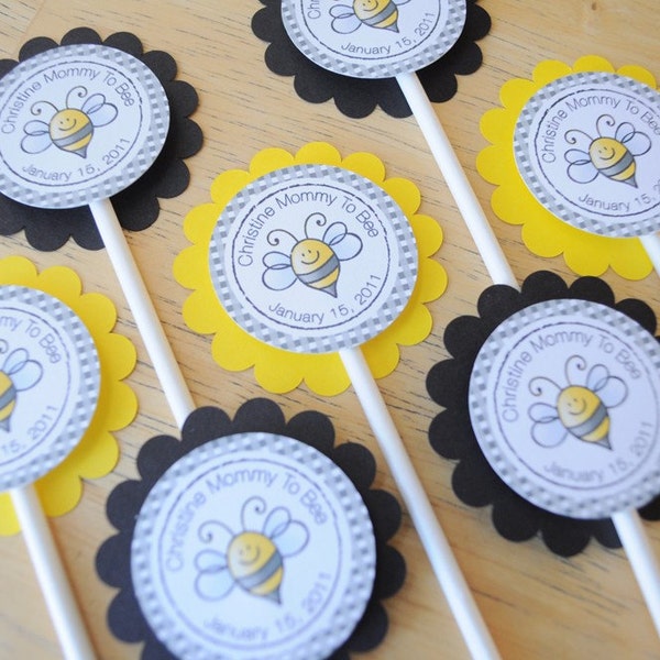 Bee Baby Shower Cupcake Toppers, Bumble Bee Theme Mommy To Bee, Girl Baby Shower, Boy Baby Shower, Ba-Bee Baby Shower Decoration - Set of 12