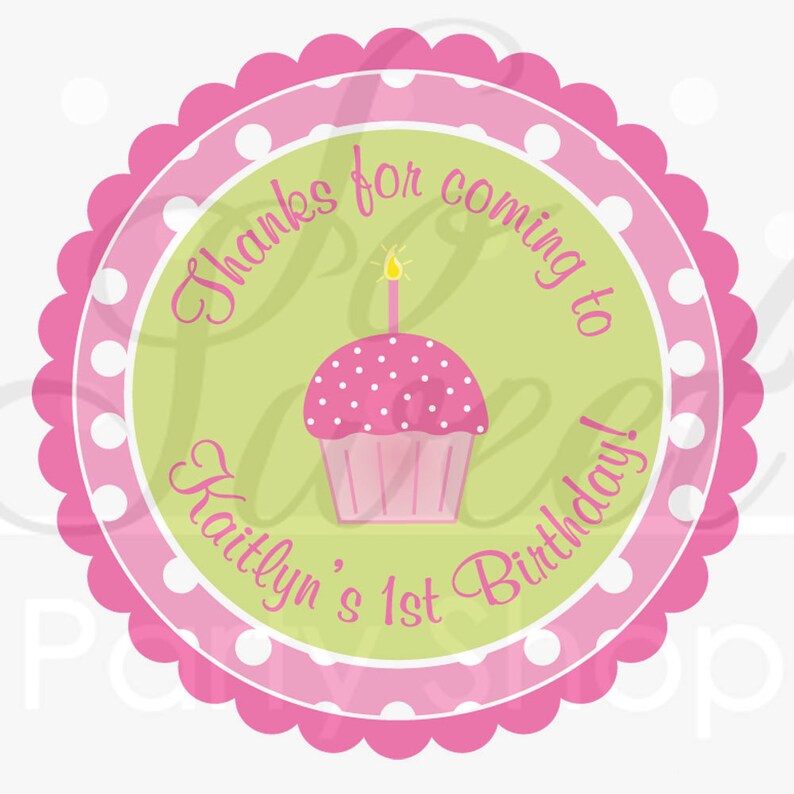 Favor Stickers, Party Favors, Birthday Party Favor Sticker Labels, Girls 1st Birthday, Pink and Lime Green Polka Dots Cupcakes Set of 24 image 1