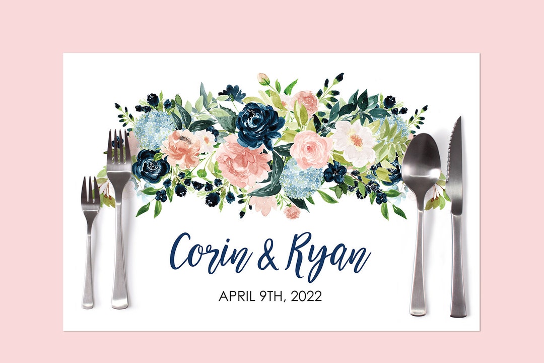 Wedding Paper Placemats Navy Pink Floral Decorations Tableware Etsy