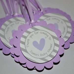 Girls Baby Shower Favor Tags, Thank You Tags, Baby Shower Favors, Nail Polish Favor Tags, Heart and Stripe Purple and Gray Set of 12 image 2