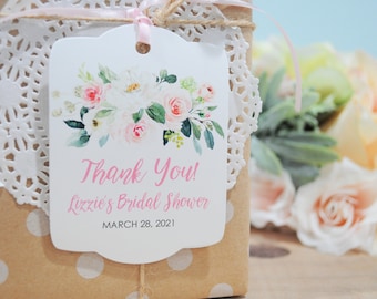Bridal Shower Favor Tags, Wedding Thank You Tags Favors Personalized Wedding Tags, Blush Pink Floral Shower Hang Tags - Set of 12